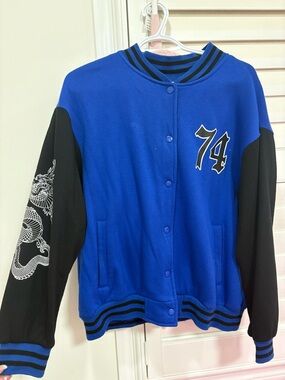 Urban Planet Royal Blue and Black Dragon Varsity Cardigan Jacket
